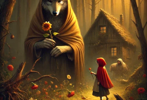 DALL·E 2025-01-13 15.06.59 - A serene and dramatic scene set in a forest with warm, earthy tones. A wise and kind-looking elderly wolf stands in the foreground, wearing a simple s